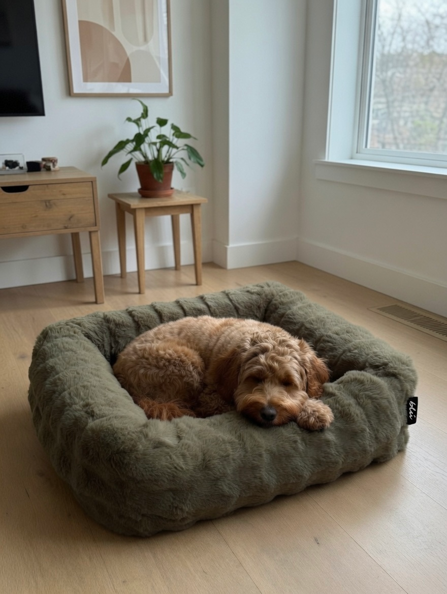 An olive Bliss Bed resting against wood floors in warm, natural light.